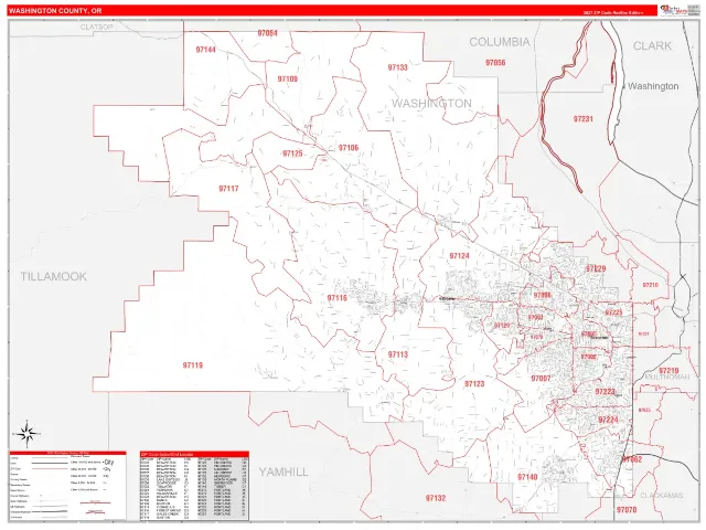 Washington County, OR ZIP Code Wall Map, RedLine style
