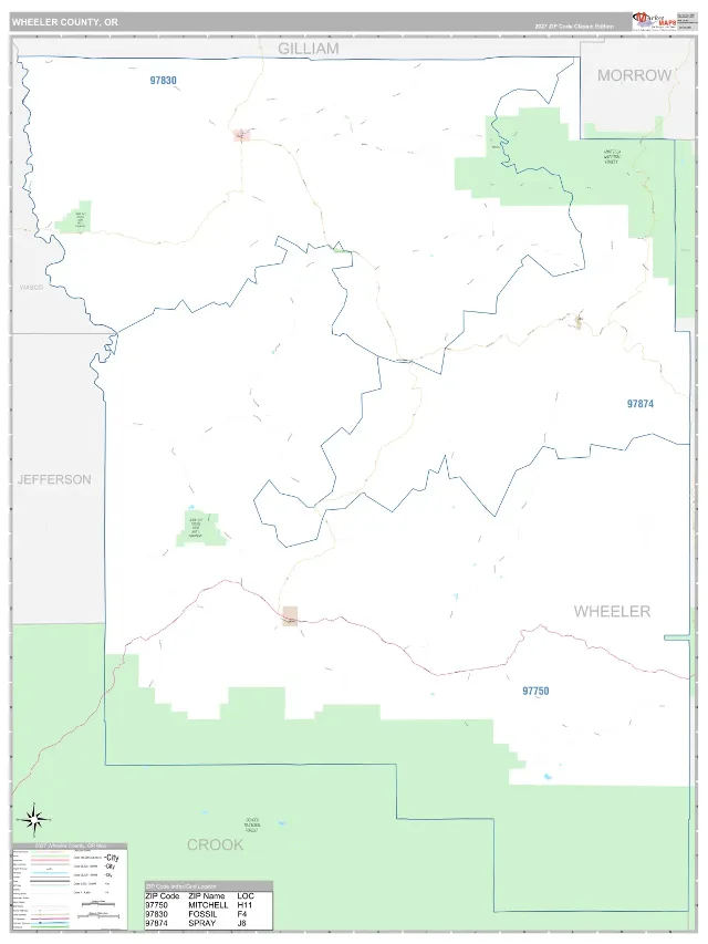 Wheeler County, OR ZIP Code Wall Map, Classic style