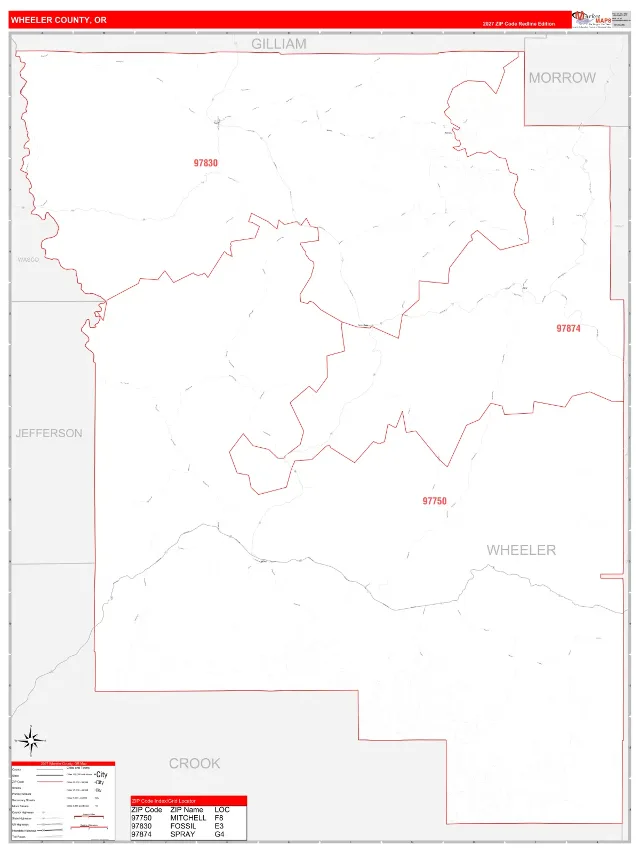 Wheeler County, OR ZIP Code Wall Map, RedLine style