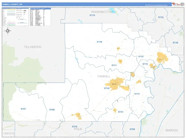 Yamhill County, OR ZIP Code Wall Map, Business Reference style