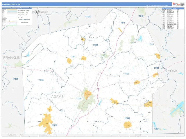 Adams County, PA ZIP Code Wall Map, Business Reference style