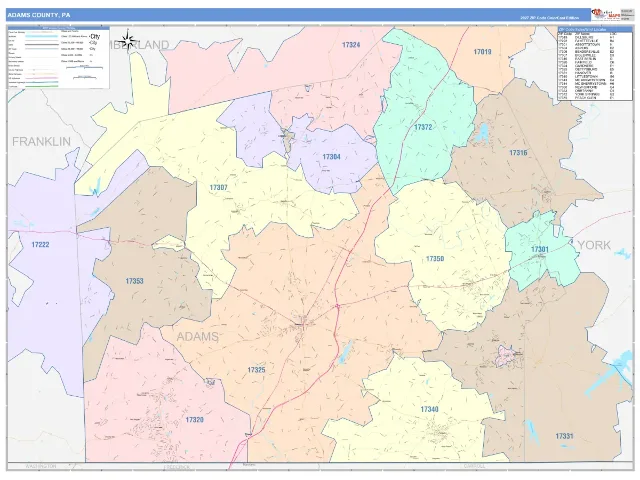 Adams County, PA ZIP Code Wall Map, ColorCast style