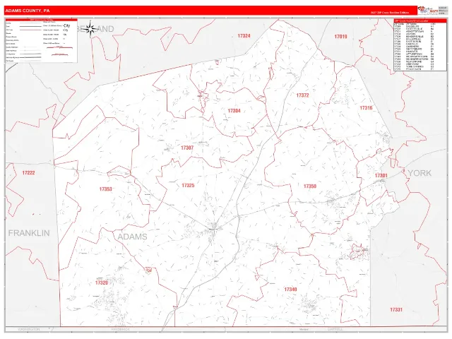 Adams County, PA ZIP Code Wall Map, RedLine style