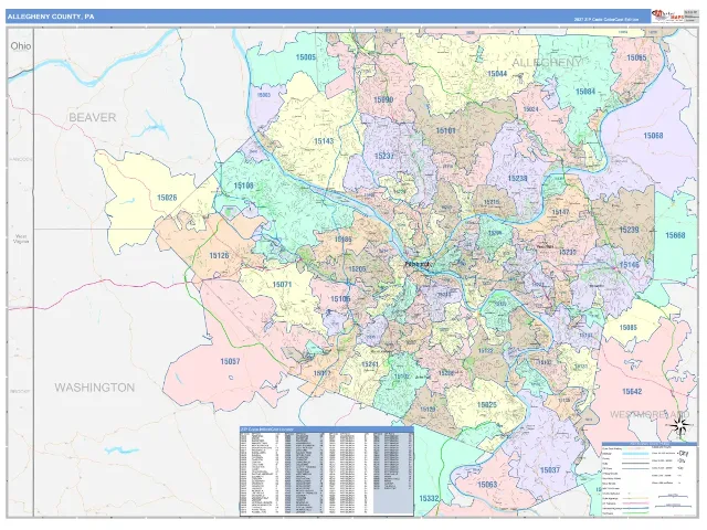Allegheny County, PA ZIP Code Wall Map, ColorCast style