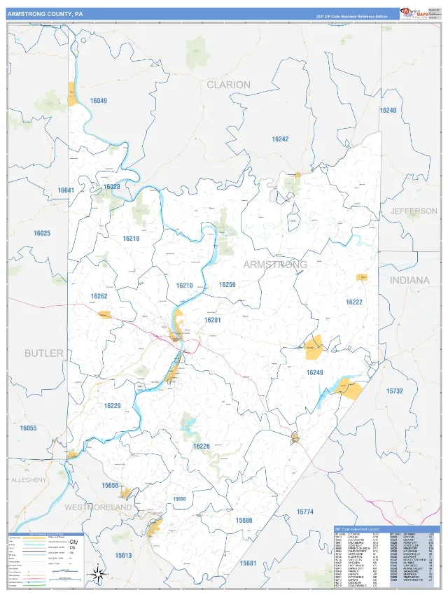 Armstrong County, PA ZIP Code Wall Map, Business Reference style