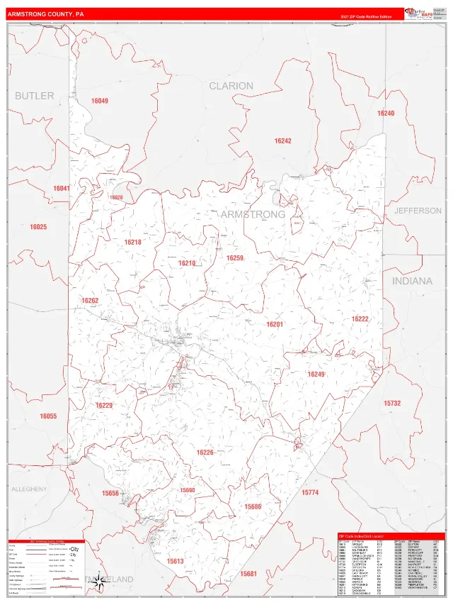 Armstrong County, PA ZIP Code Wall Map, RedLine style