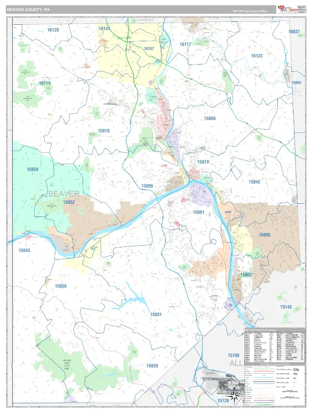Beaver County, PA ZIP Code Wall Map, Classic style