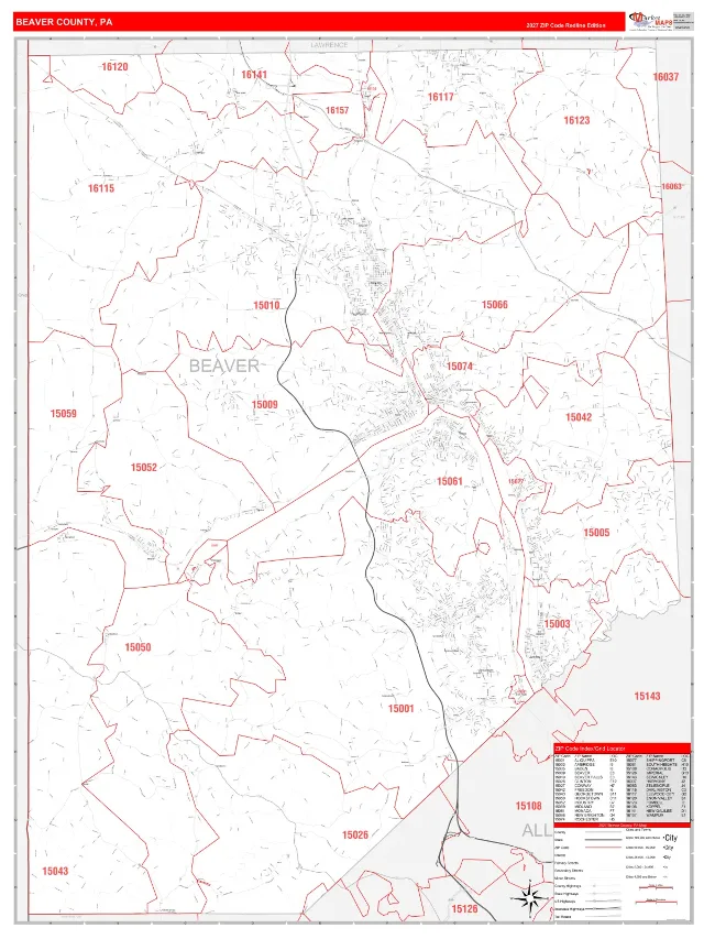 Beaver County, PA ZIP Code Wall Map, RedLine style