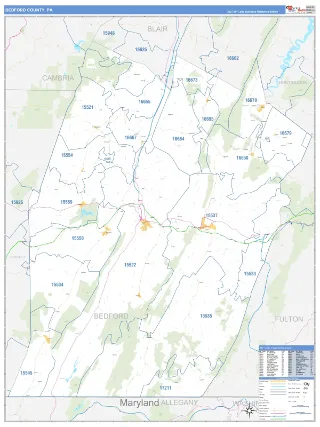 Bedford County, PA Business Reference style ZIP Code wall map
