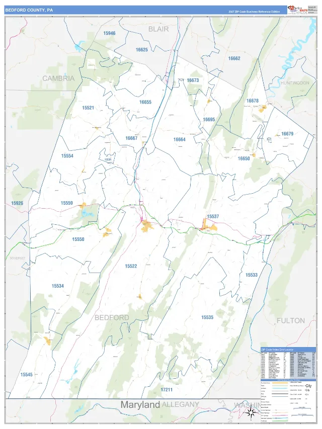Bedford County, PA ZIP Code Wall Map, Business Reference style