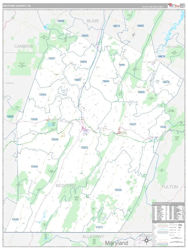 Bedford County, PA ZIP Code Wall Map, Classic style