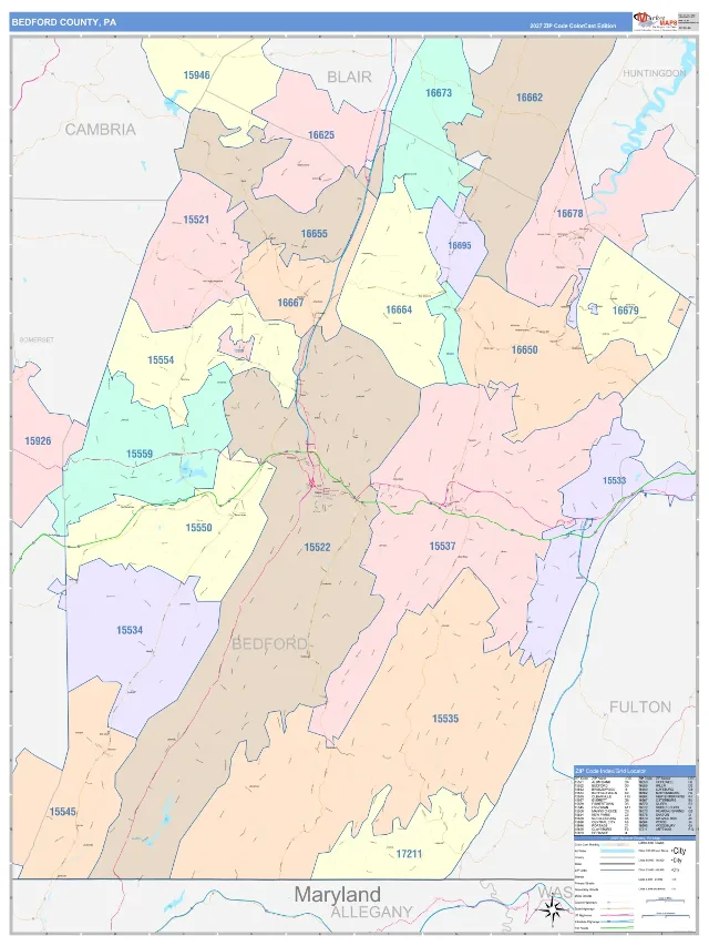 Bedford County, PA ZIP Code Wall Map, ColorCast style