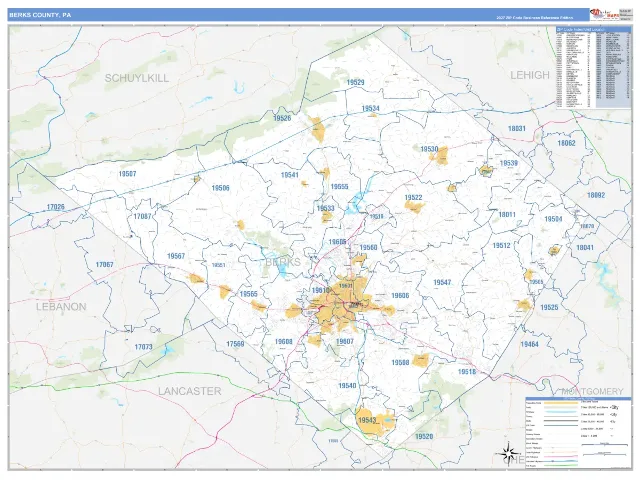 Berks County, PA ZIP Code Wall Map, Business Reference style