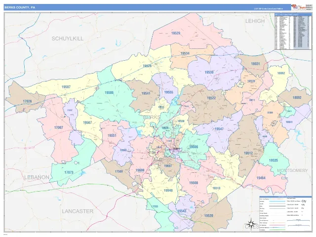 Berks County, PA ZIP Code Wall Map, ColorCast style