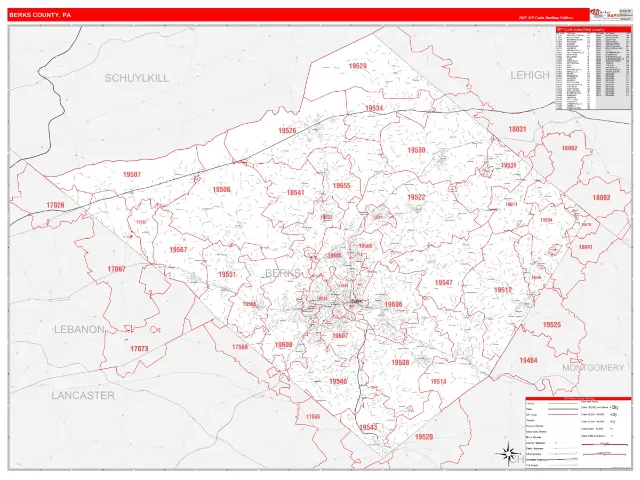 Berks County, PA ZIP Code Wall Map, RedLine style