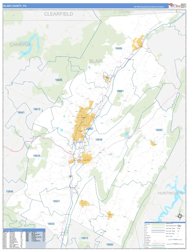 Blair County, PA ZIP Code Wall Map, Business Reference style