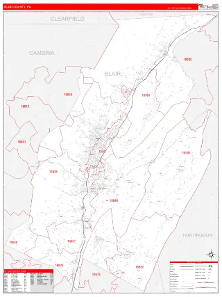 Blair County, PA RedLine style ZIP Code wall map
