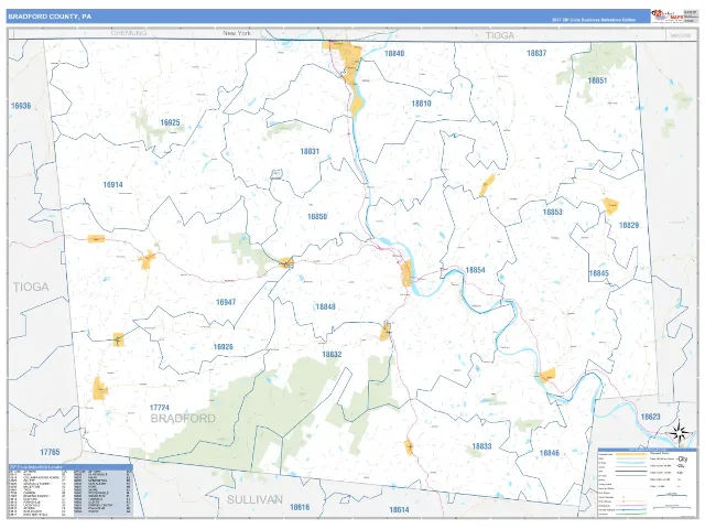 Bradford County, PA ZIP Code Wall Map, Business Reference style