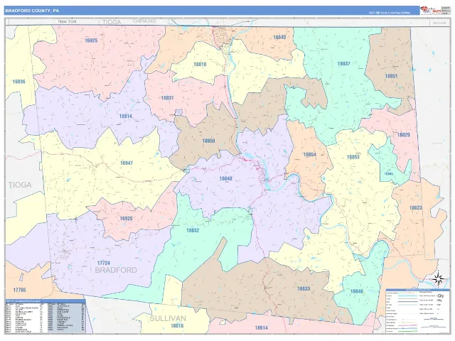 Bradford County, PA ZIP Code Wall Map, ColorCast style