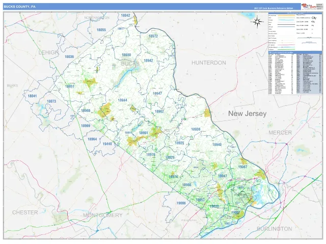 Bucks County, PA ZIP Code Wall Map, Business Reference style