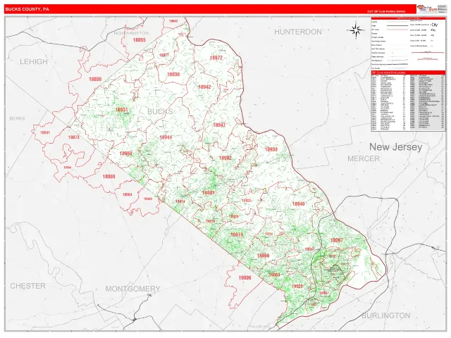 Bucks County, PA ZIP Code Wall Map, RedLine style