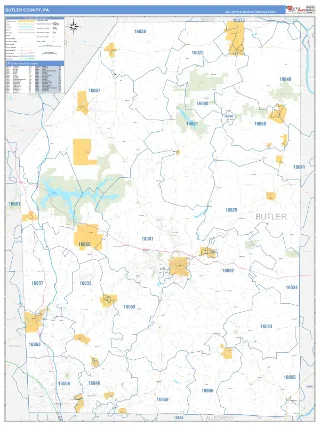 Butler County, PA Business Reference style ZIP Code wall map