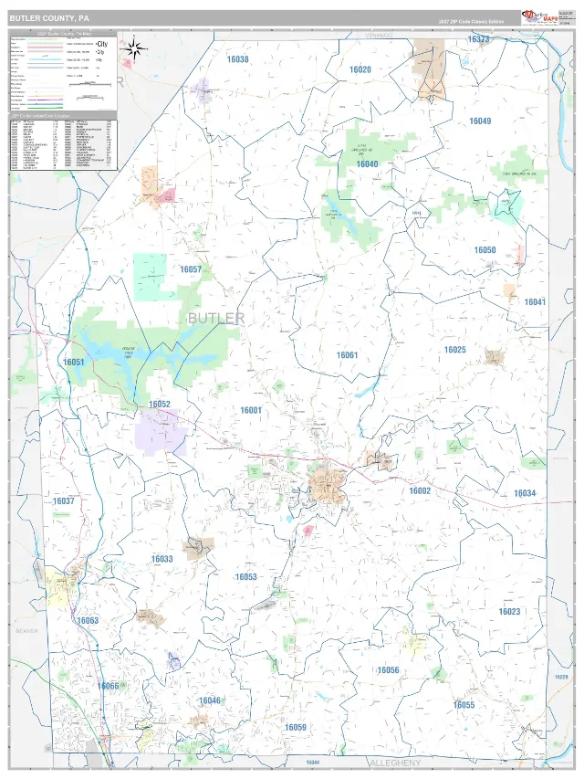 Butler County, PA ZIP Code Wall Map, Classic style