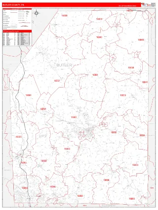 Butler County, PA RedLine style ZIP Code wall map