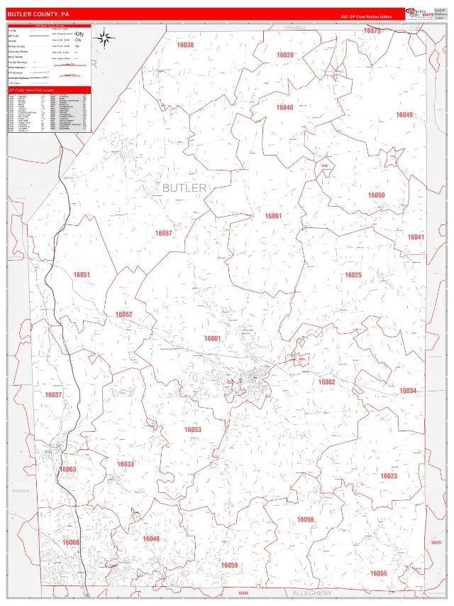 Butler County, PA ZIP Code Wall Map, RedLine style