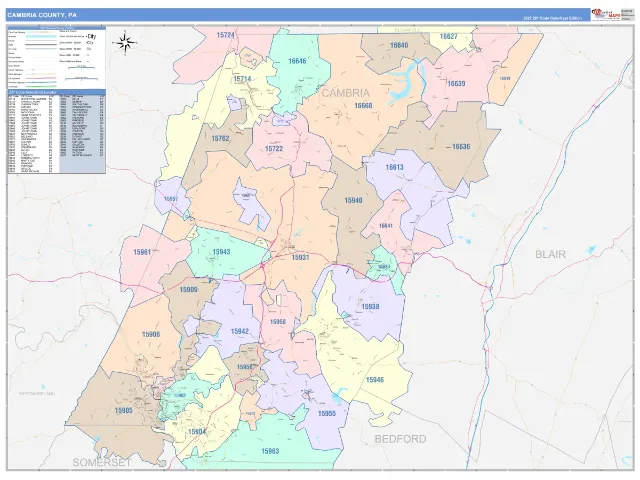 Cambria County, PA ZIP Code Wall Map, ColorCast style