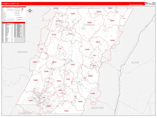 Cambria County, PA ZIP Code Wall Map, RedLine style
