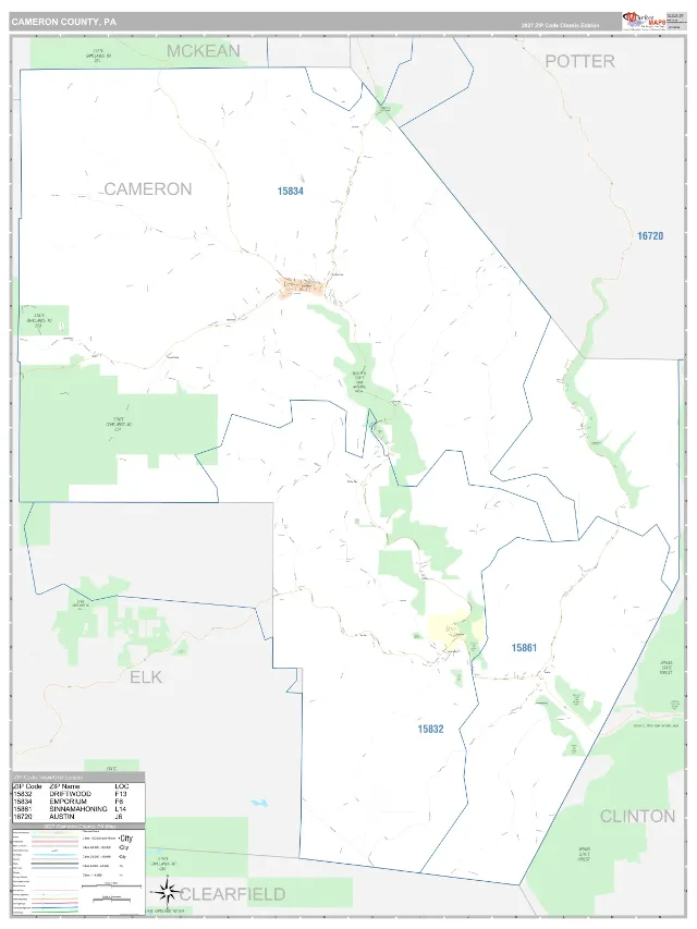 Cameron County, PA ZIP Code Wall Map, Classic style