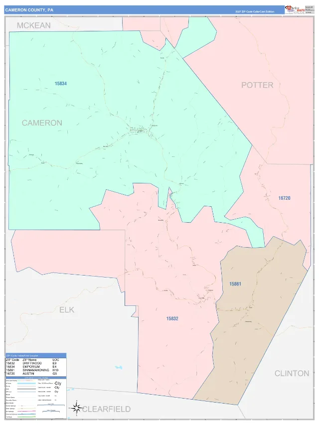 Cameron County, PA ZIP Code Wall Map, ColorCast style
