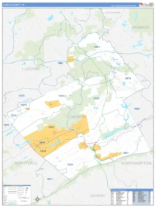 Carbon County, PA Business Reference style ZIP Code wall map