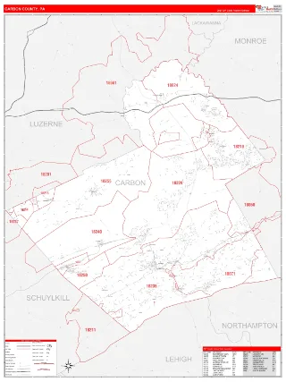 Carbon County, PA RedLine style ZIP Code wall map