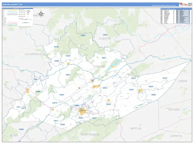 Centre County, PA ZIP Code Wall Map, Business Reference style