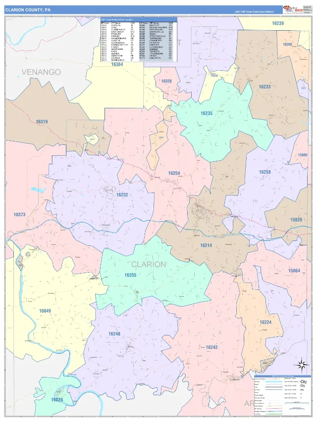Clarion County, PA ZIP Code Wall Map, ColorCast style