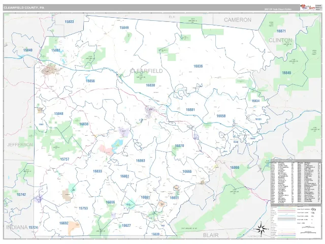 Clearfield County, PA ZIP Code Wall Map, Classic style