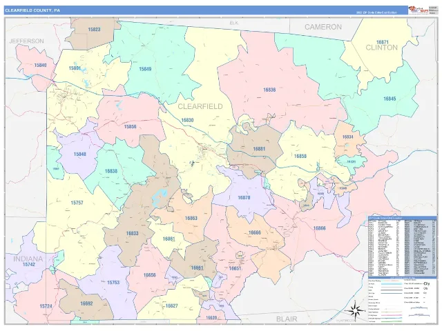 Clearfield County, PA ZIP Code Wall Map, ColorCast style