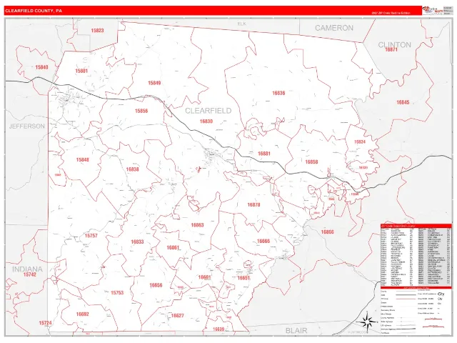 Clearfield County, PA ZIP Code Wall Map, RedLine style