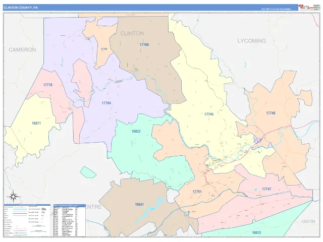 Clinton County, PA ZIP Code Wall Map, ColorCast style