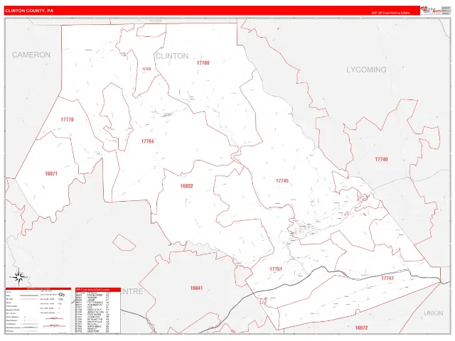Clinton County, PA ZIP Code Wall Map, RedLine style