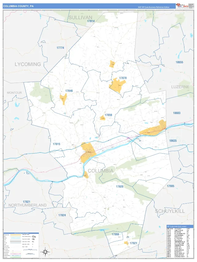 Columbia County, PA ZIP Code Wall Map, Business Reference style