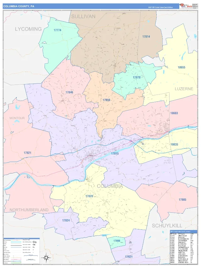 Columbia County, PA ZIP Code Wall Map, ColorCast style
