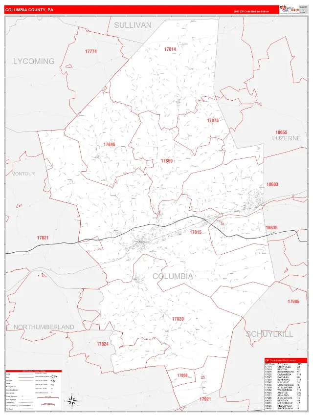 Columbia County, PA ZIP Code Wall Map, RedLine style