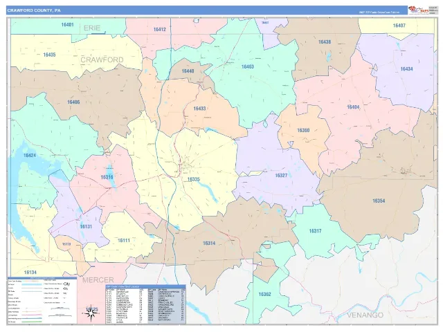 Crawford County, PA ZIP Code Wall Map, ColorCast style