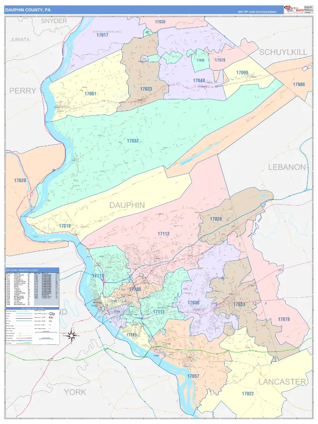 Dauphin County, PA ZIP Code Wall Map, ColorCast style