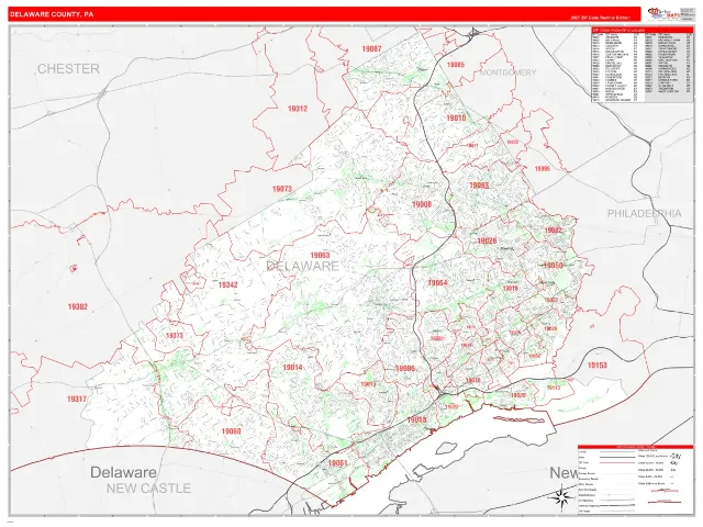 Delaware County, PA ZIP Code Wall Map, RedLine style