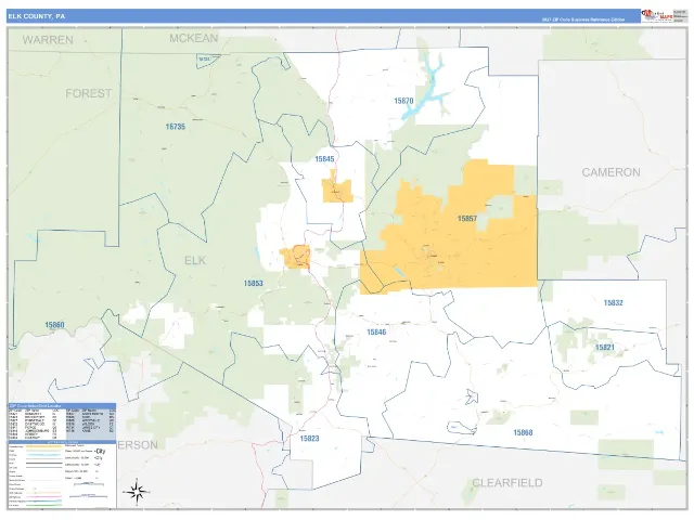 Elk County, PA ZIP Code Wall Map, Business Reference style
