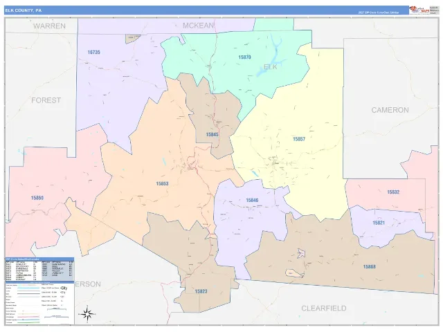 Elk County, PA ZIP Code Wall Map, ColorCast style